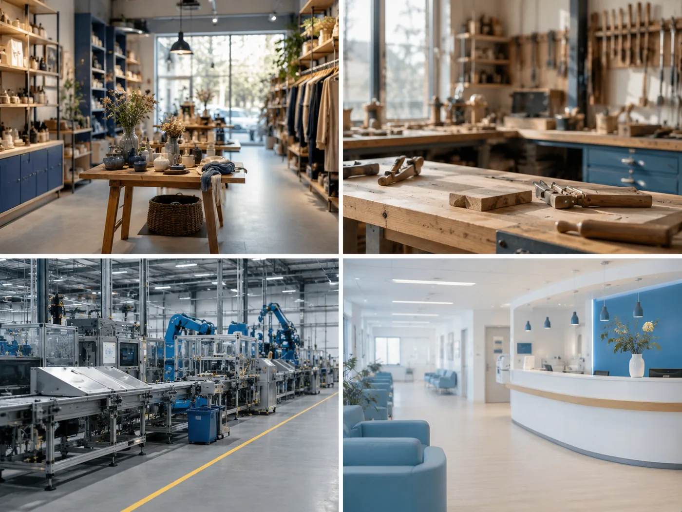 Vier-fach-Collage mit kleinem Laden, Handwerkswerkstatt, Industriehalle und Arztpraxis