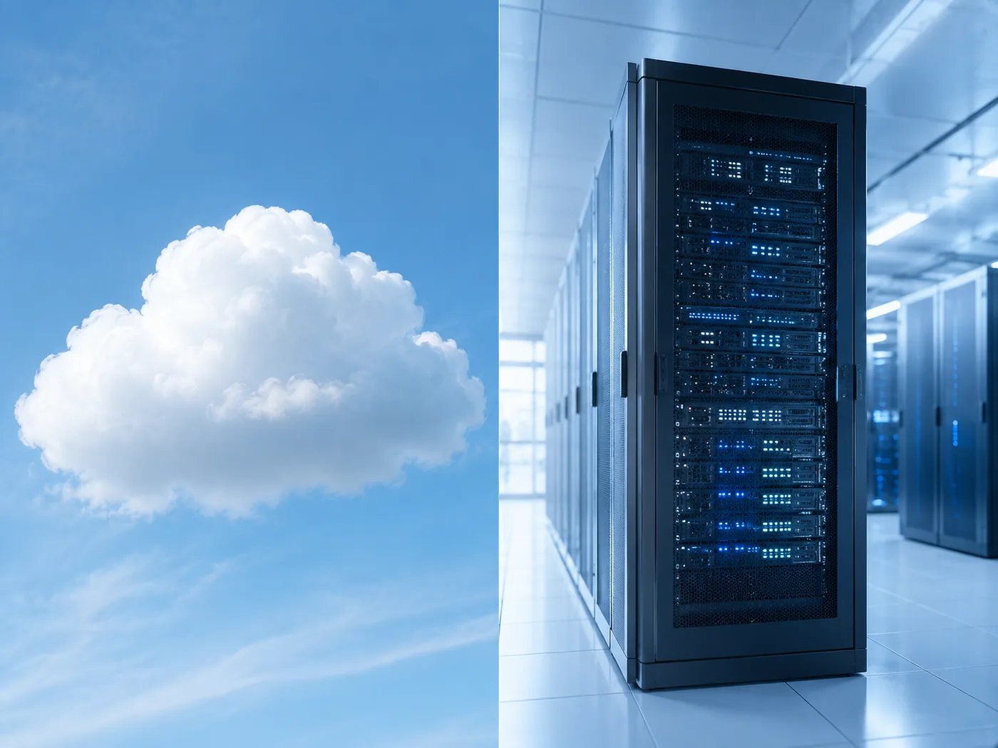 Wolke vor blauem Himmel links, modernes Serverrack im Rechenzentrum rechts, Split-Composition
