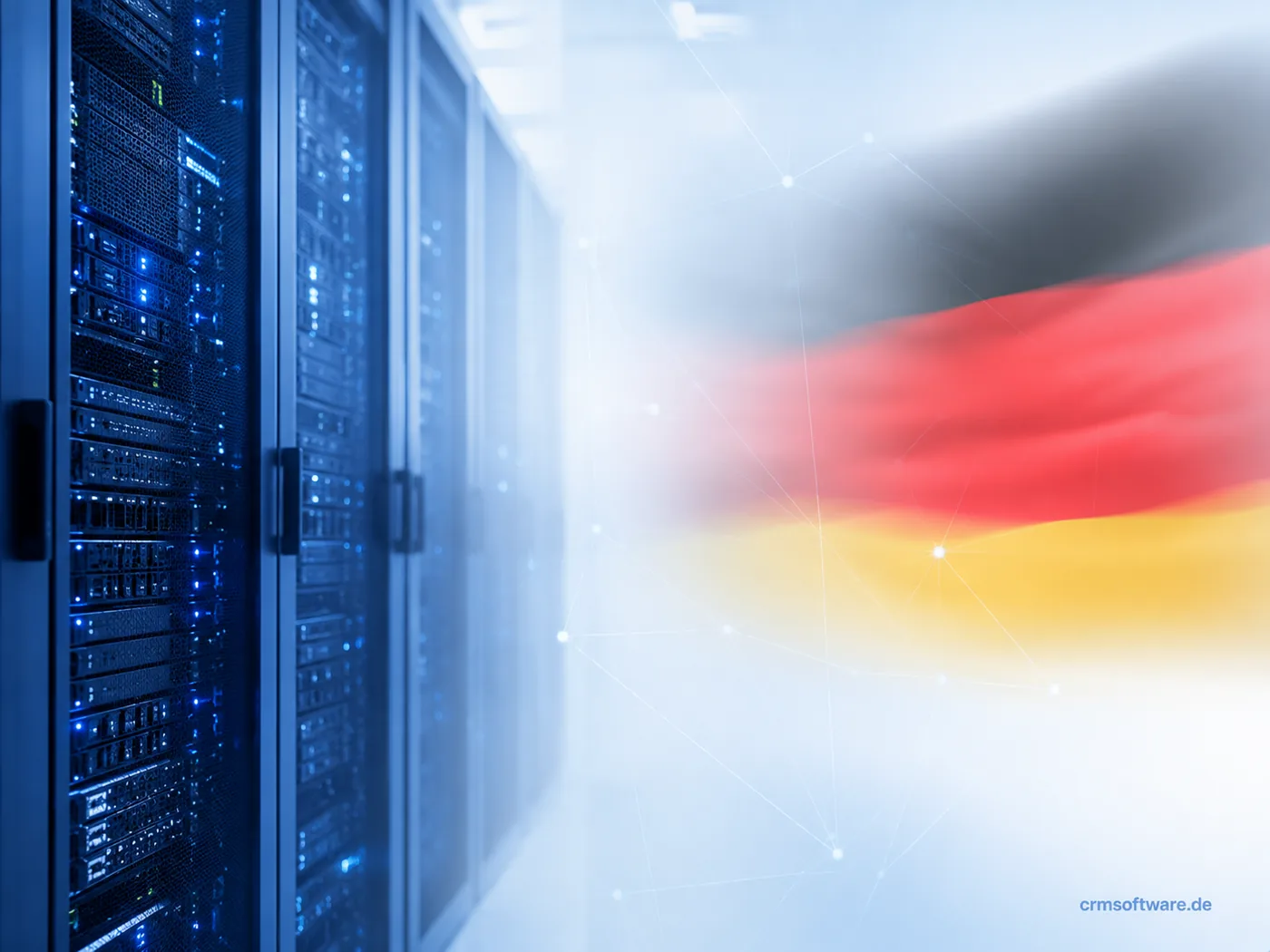 Server-Rack im Rechenzentrum mit angedeuteten Deutschland-Farben im Hintergrund als Sinnbild für DE-Hosting
