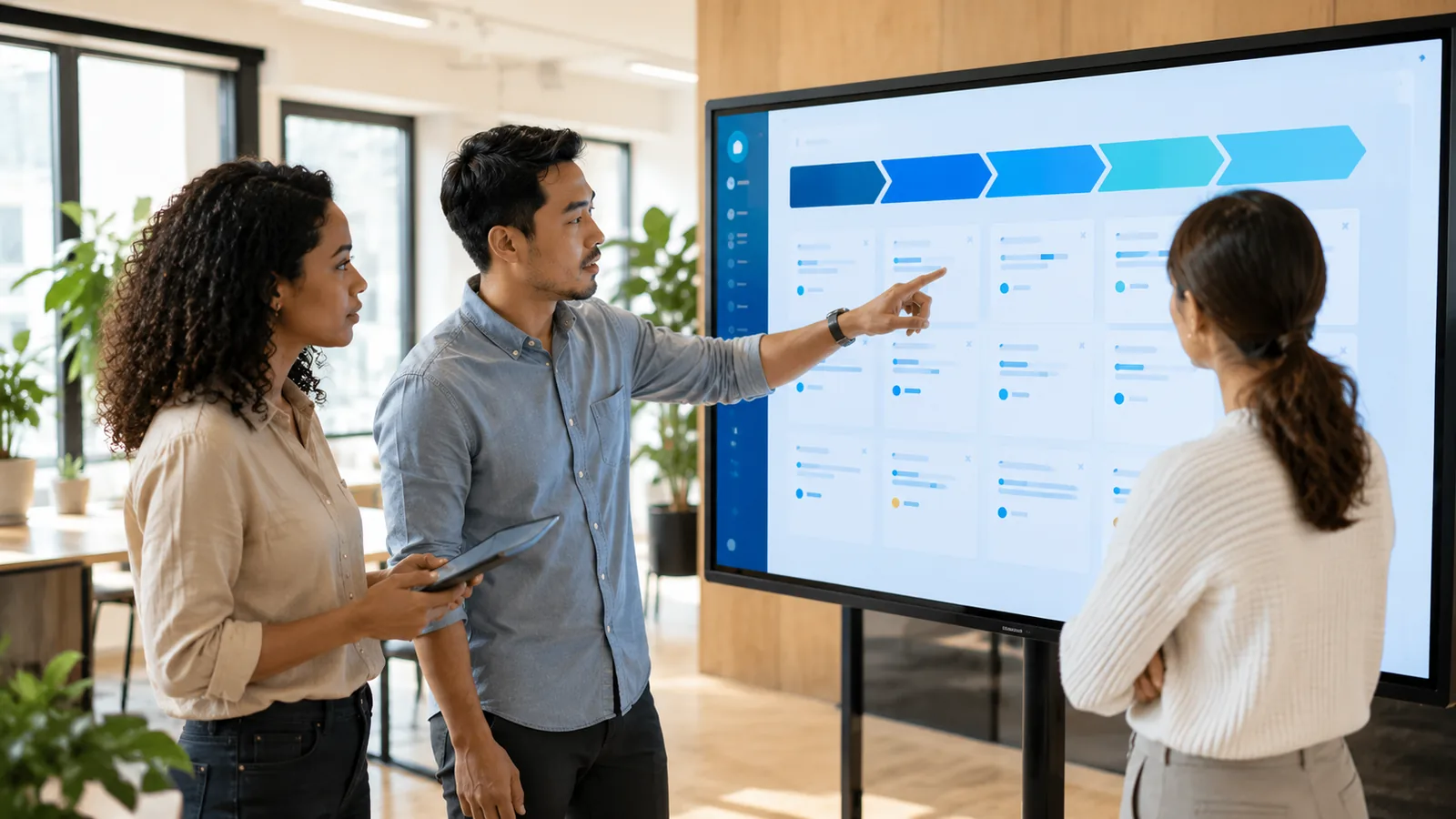 Drei Kollegen besprechen eine CRM-Pipeline an einem großen Touchscreen in einem hellen modernen Büro