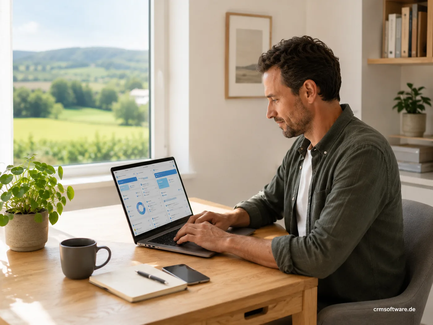 Kleinunternehmerin am sonnendurchfluteten Schreibtisch im Homeoffice mit einer schlanken CRM-Oberfläche auf dem Laptop