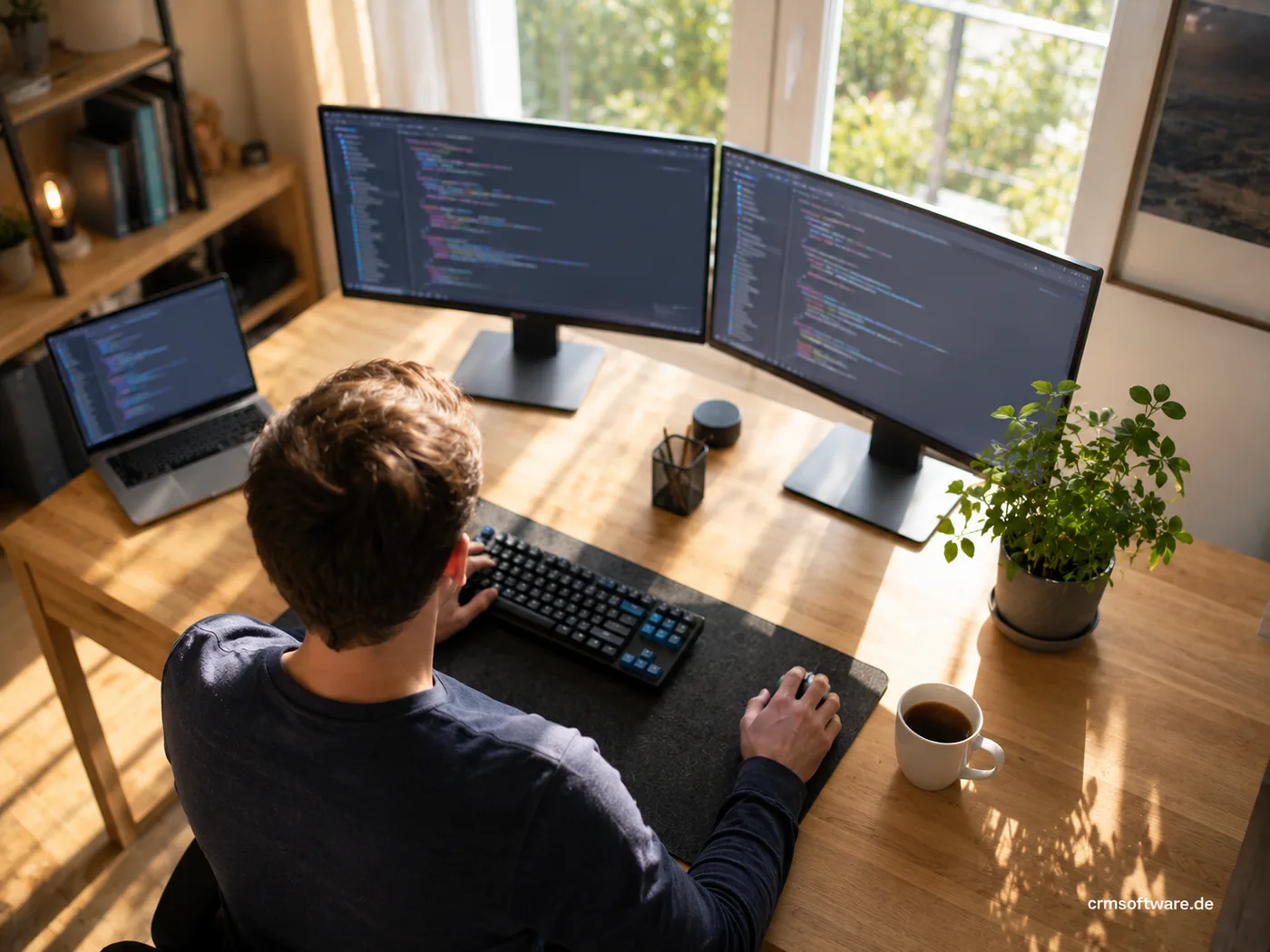 Aufgeräumter Entwickler-Schreibtisch mit Code auf zwei Monitoren in pastellblauen Tönen